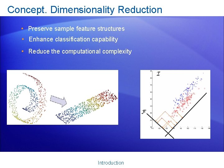 Concept. Dimensionality Reduction • Preserve sample feature structures • Enhance classification capability • Reduce