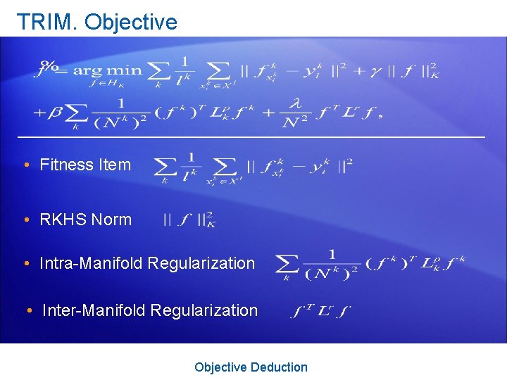 TRIM. Objective • Fitness Item • RKHS Norm • Intra-Manifold Regularization • Inter-Manifold Regularization