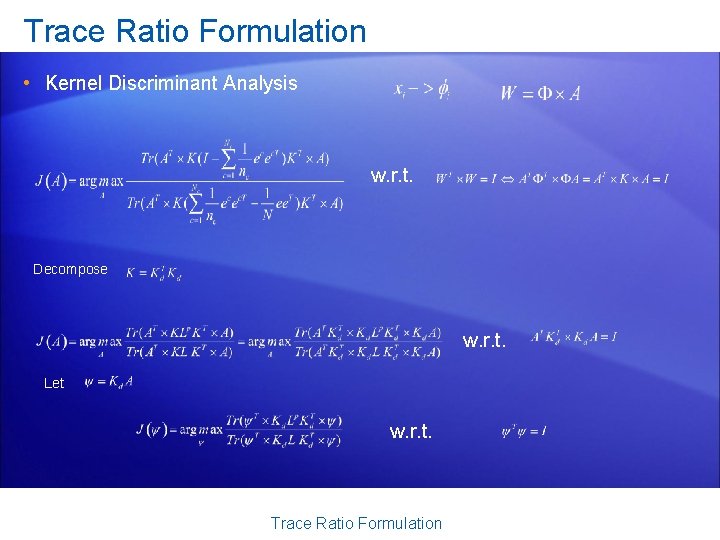 Trace Ratio Formulation • Kernel Discriminant Analysis w. r. t. Decompose w. r. t.