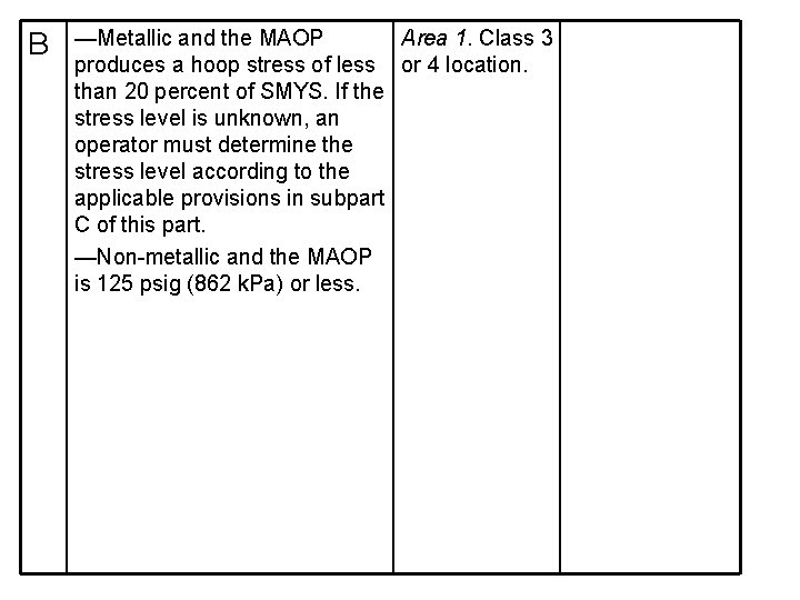 B —Metallic and the MAOP Area 1. Class 3 produces a hoop stress of
