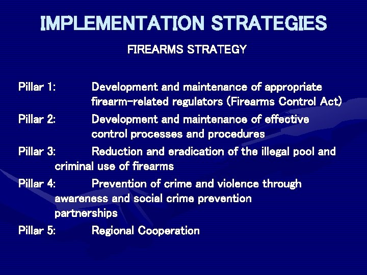 IMPLEMENTATION STRATEGIES FIREARMS STRATEGY Pillar 1: Development and maintenance of appropriate firearm-related regulators (Firearms