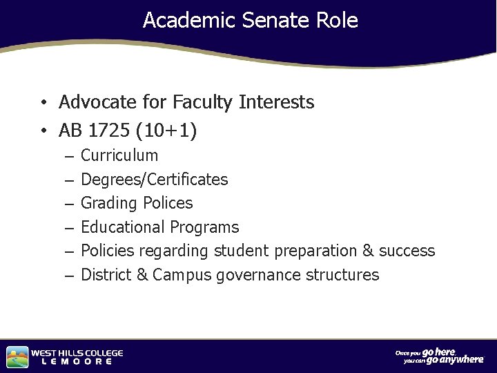 Academic Senate Role • Advocate for Faculty Interests • AB 1725 (10+1) – –