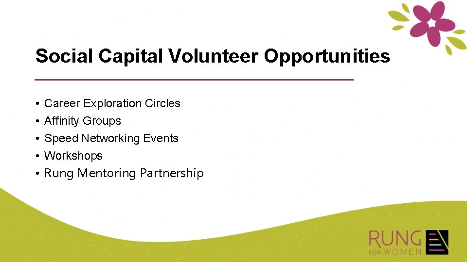 Social Capital Volunteer Opportunities • • • Career Exploration Circles Affinity Groups Speed Networking