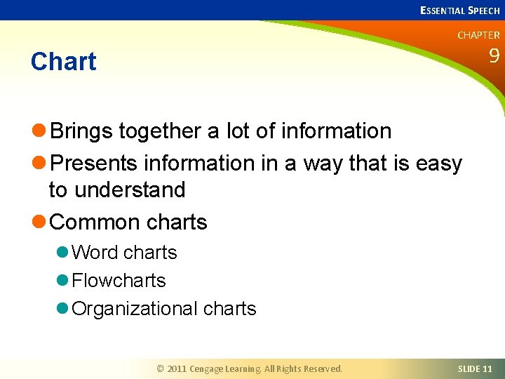 ESSENTIAL SPEECH CHAPTER 9 Chart l Brings together a lot of information l Presents