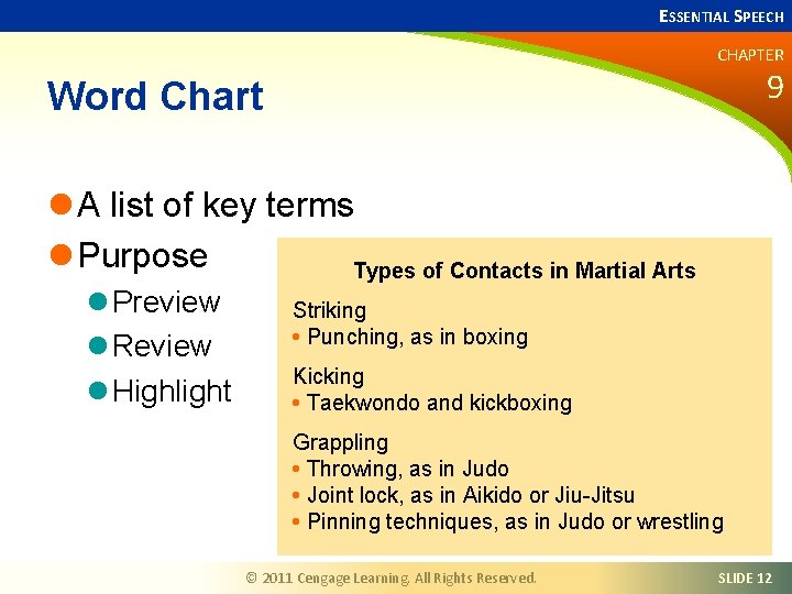 ESSENTIAL SPEECH CHAPTER 9 Word Chart l A list of key terms l Purpose