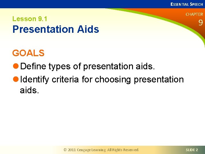 ESSENTIAL SPEECH CHAPTER Lesson 9. 1 9 Presentation Aids GOALS l Define types of