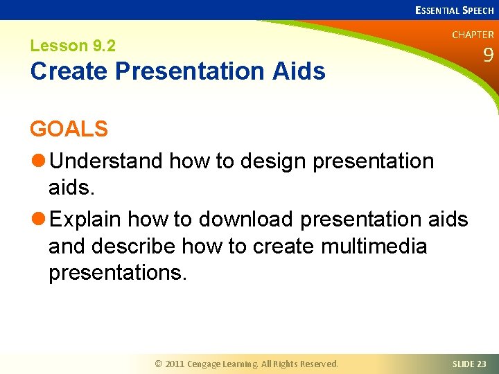 ESSENTIAL SPEECH CHAPTER Lesson 9. 2 9 Create Presentation Aids GOALS l Understand how