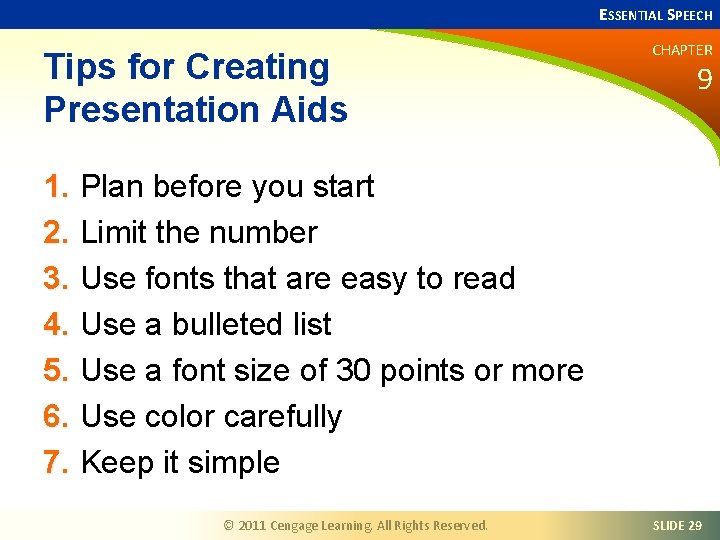 ESSENTIAL SPEECH Tips for Creating Presentation Aids CHAPTER 9 1. Plan before you start
