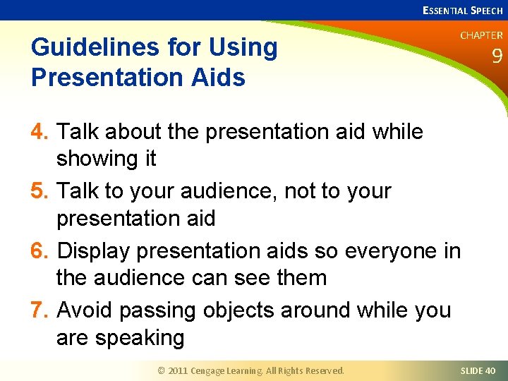 ESSENTIAL SPEECH Guidelines for Using Presentation Aids CHAPTER 9 4. Talk about the presentation