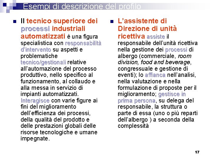 Esempi di descrizione del profilo n Il tecnico superiore dei processi industriali automatizzati è