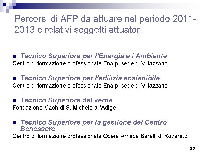 Percorsi di AFP da attuare nel periodo 20112013 e relativi soggetti attuatori n Tecnico