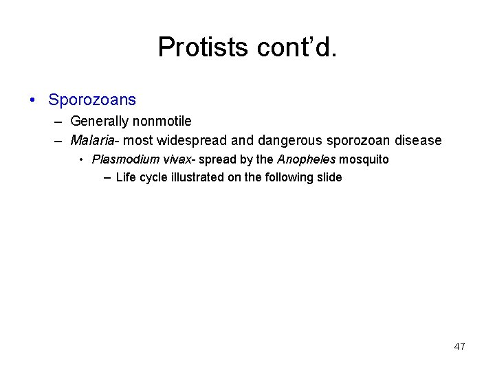 Protists cont’d. • Sporozoans – Generally nonmotile – Malaria- most widespread and dangerous sporozoan