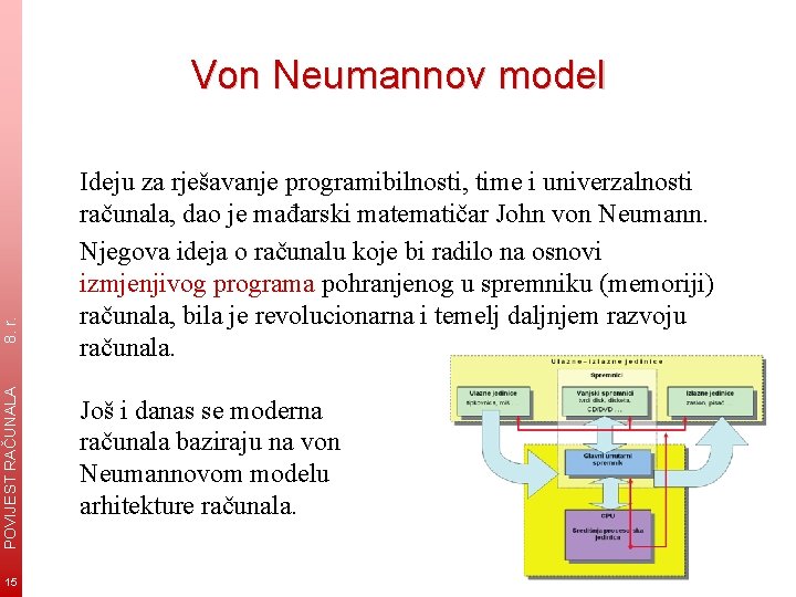 POVIJEST RAČUNALA 8. r. Von Neumannov model 15 Ideju za rješavanje programibilnosti, time i