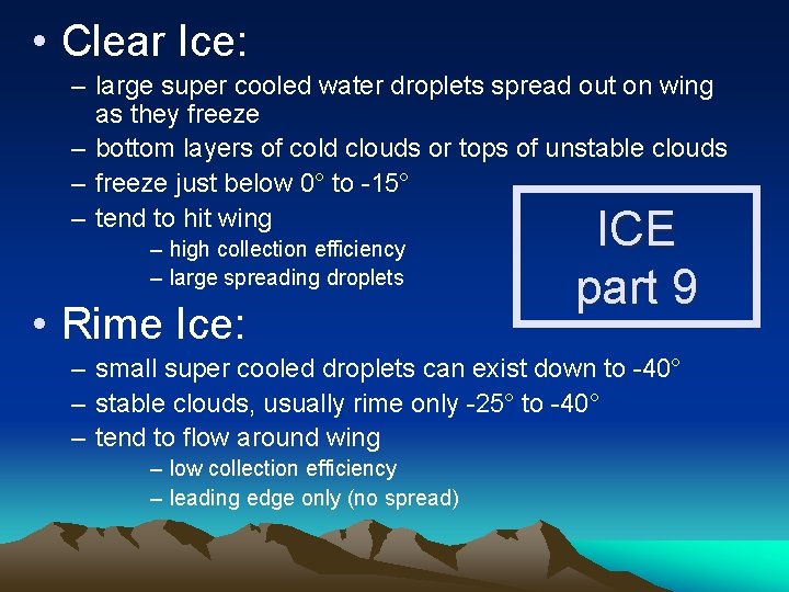  • Clear Ice: – large super cooled water droplets spread out on wing