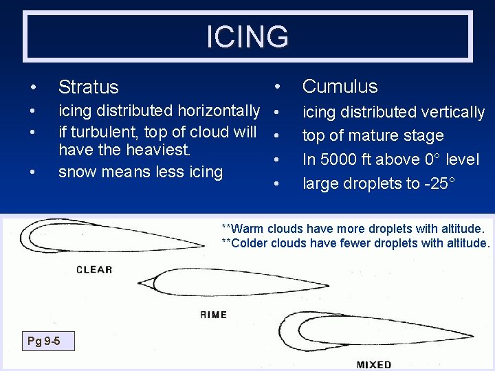 ICING • • Stratus • • icing distributed horizontally • if turbulent, top of