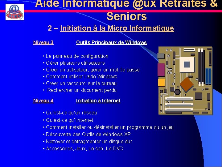 Aide Informatique @ux Retraités & Seniors 2 – Initiation à la Micro Informatique Niveau