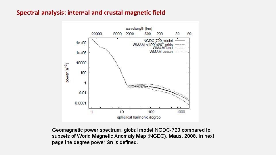 Spectral analysis: internal and crustal magnetic field Geomagnetic power spectrum: global model NGDC-720 compared