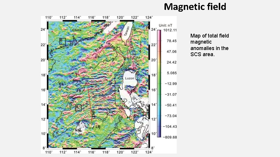 Magnetic field Map of total field magnetic anomalies in the SCS area. 
