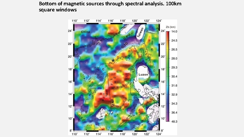 Bottom of magnetic sources through spectral analysis. 100 km square windows 
