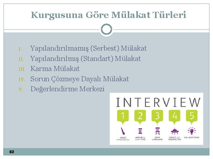 Kurgusuna Göre Mülakat Türleri I. III. IV. V. 52 Yapılandırılmamış (Serbest) Mülakat Yapılandırılmış (Standart)