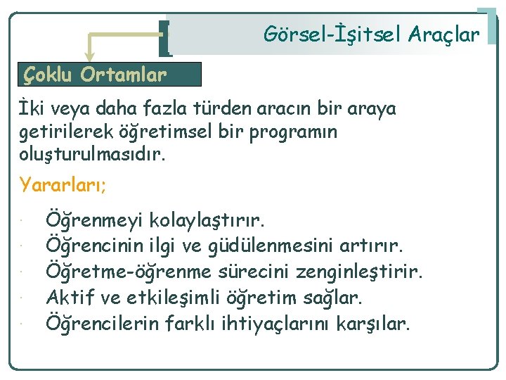 Görsel-İşitsel Araçlar Çoklu Ortamlar İki veya daha fazla türden aracın bir araya getirilerek öğretimsel