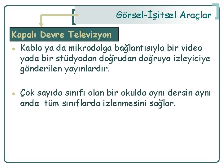 Görsel-İşitsel Araçlar Kapalı Devre Televizyon ● ● Kablo ya da mikrodalga bağlantısıyla bir video