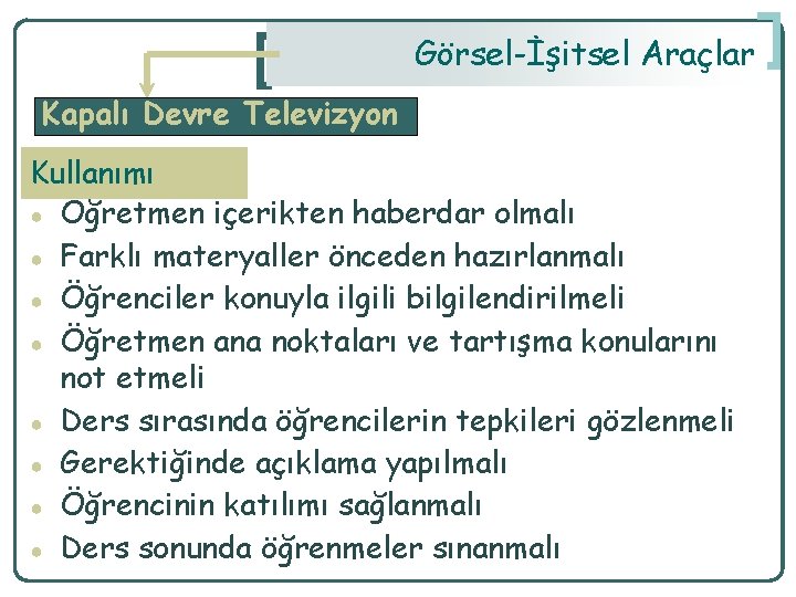 Görsel-İşitsel Araçlar Kapalı Devre Televizyon Kullanımı ● Öğretmen içerikten haberdar olmalı ● Farklı materyaller