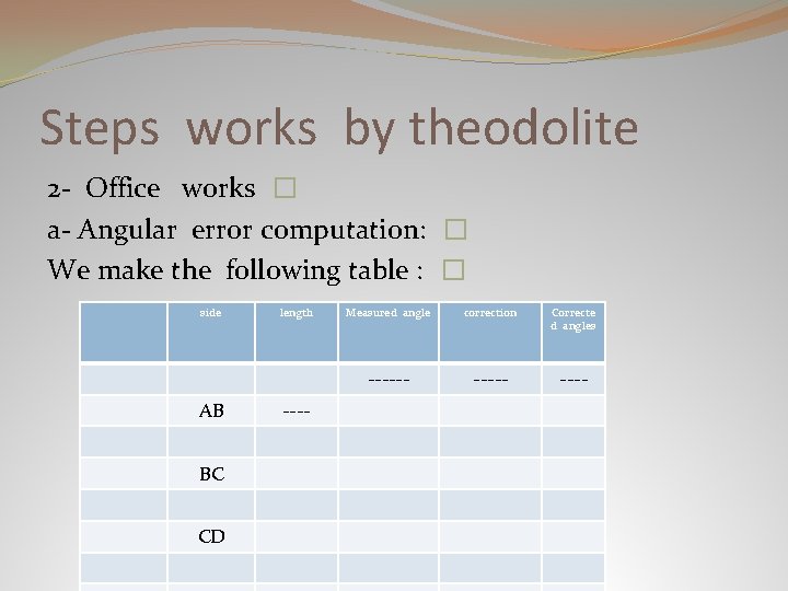 Steps works by theodolite 2 - Office works � a- Angular error computation: �