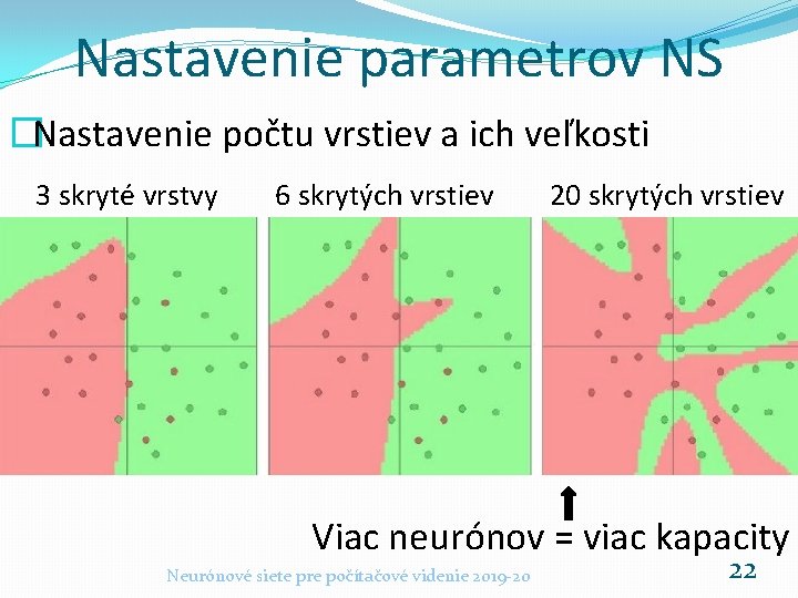 Nastavenie parametrov NS �Nastavenie počtu vrstiev a ich veľkosti 3 skryté vrstvy 6 skrytých