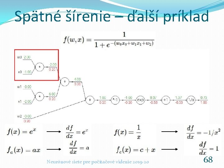 Spätné šírenie – ďalší príklad Neurónové siete pre počítačové videnie 2019 -20 68 