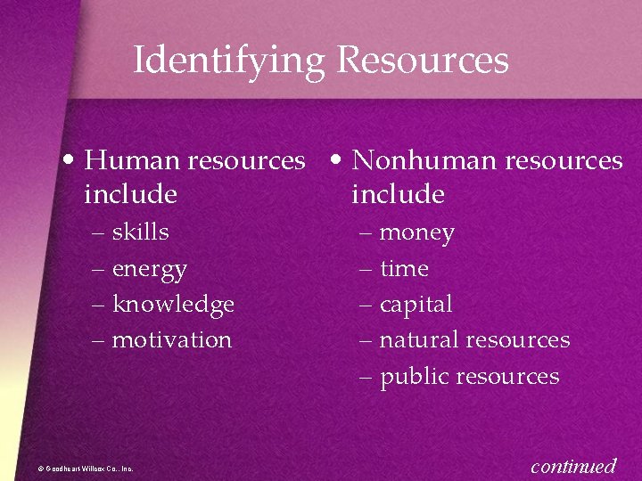 Identifying Resources • Human resources • Nonhuman resources include – skills – energy –