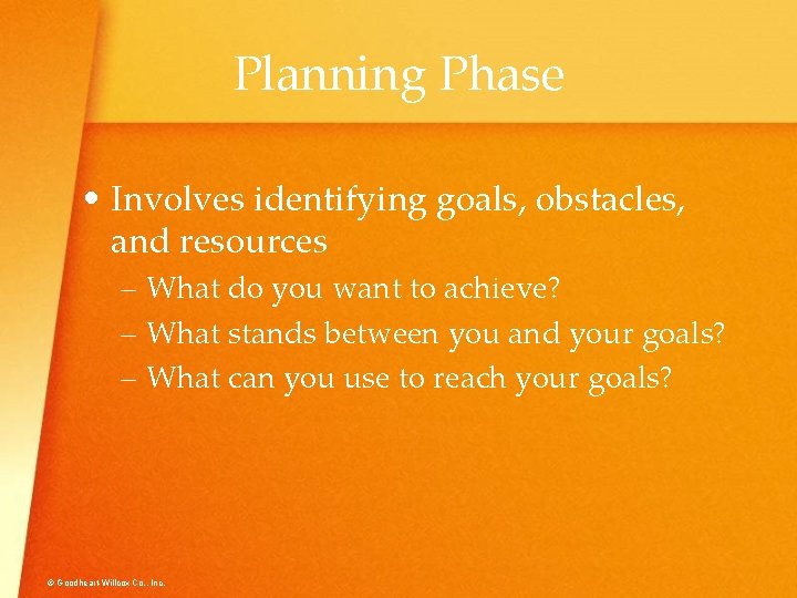 Planning Phase • Involves identifying goals, obstacles, and resources – What do you want