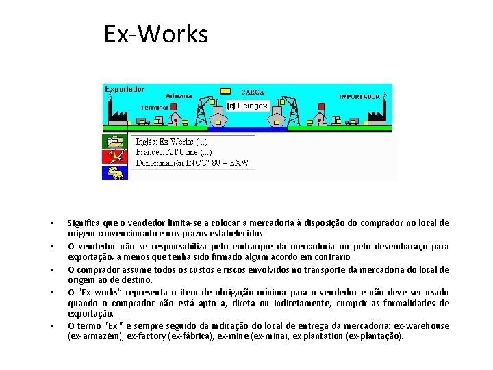 Ex-Works • • • Significa que o vendedor limita-se a colocar a mercadoria à