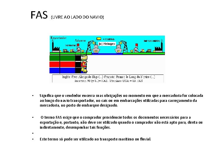 FAS (LIVRE AO LADO DO NAVIO) • Significa que o vendedor encerra suas obrigações