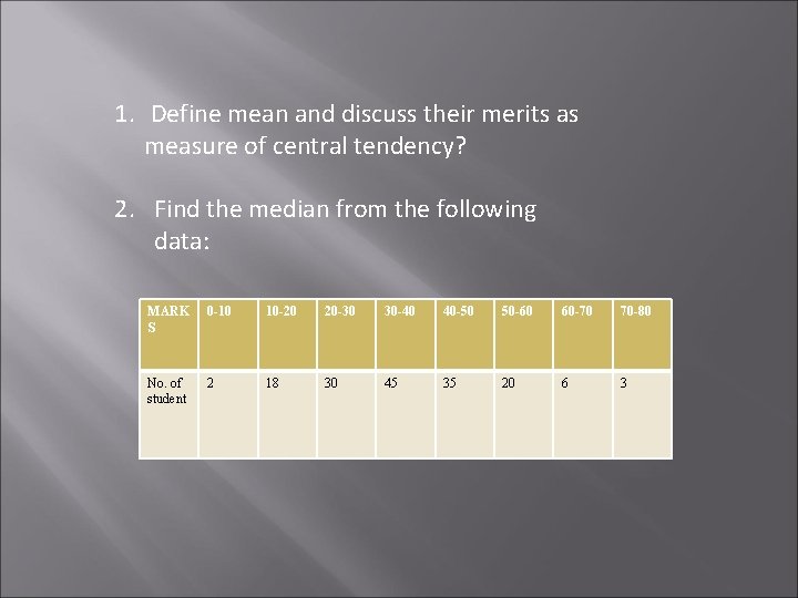 1. Define mean and discuss their merits as measure of central tendency? 2. Find