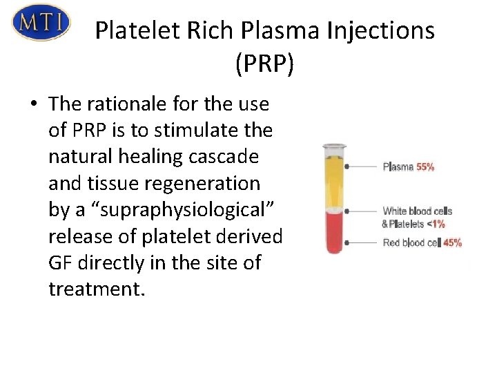 Platelet Rich Plasma Injections (PRP) • The rationale for the use of PRP is