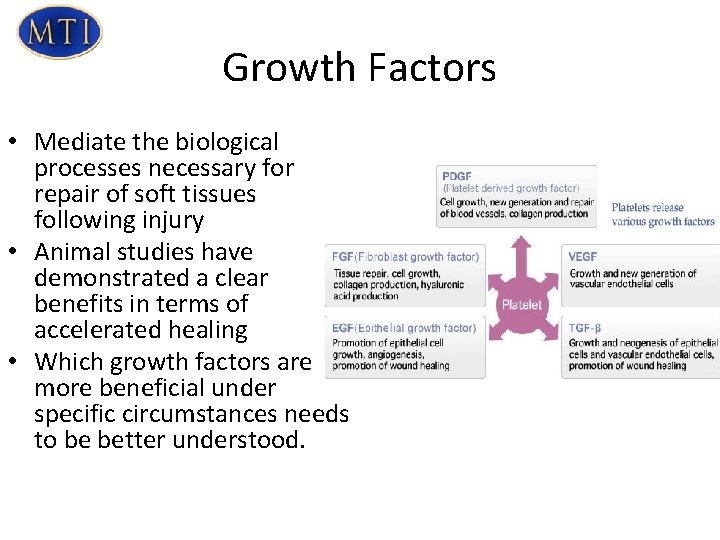 Growth Factors • Mediate the biological processes necessary for repair of soft tissues following