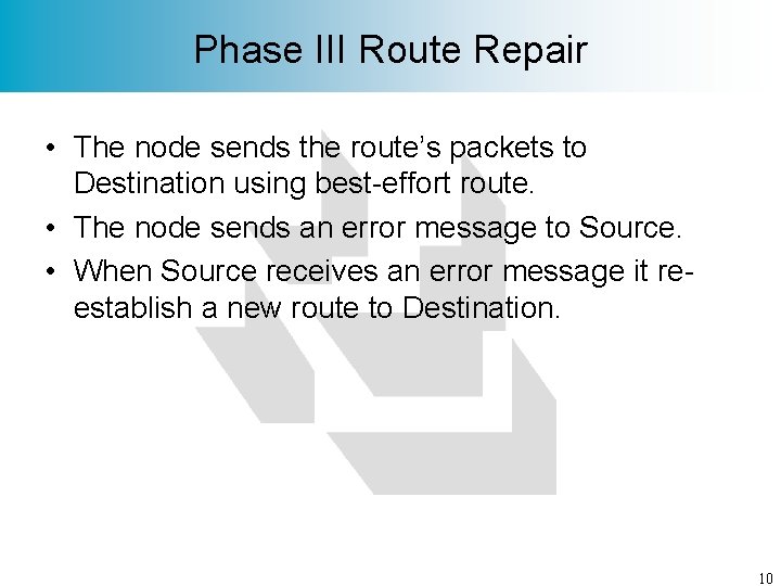 Phase III Route Repair • The node sends the route’s packets to Destination using