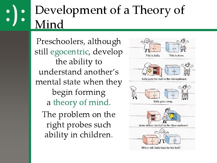 Development of a Theory of Mind Preschoolers, although still egocentric, develop the ability to