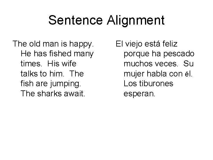 Sentence Alignment The old man is happy. He has fished many times. His wife