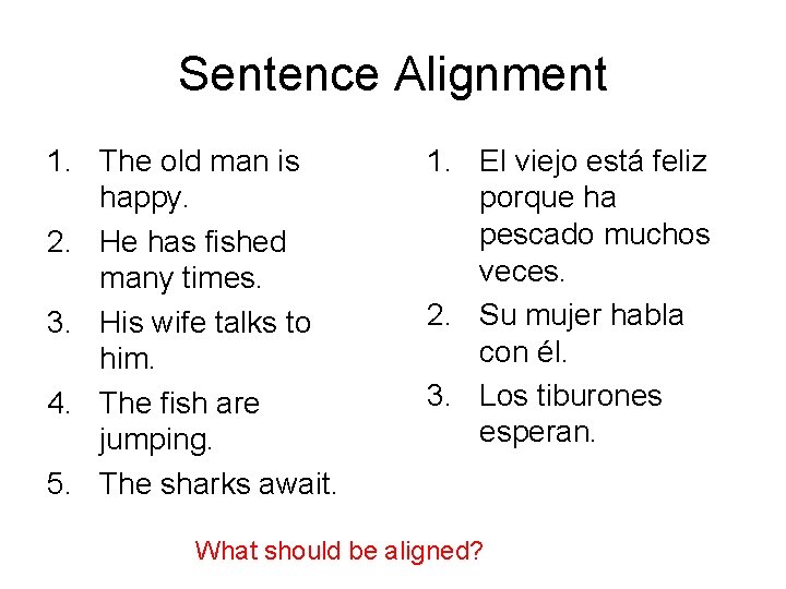 Sentence Alignment 1. The old man is happy. 2. He has fished many times.