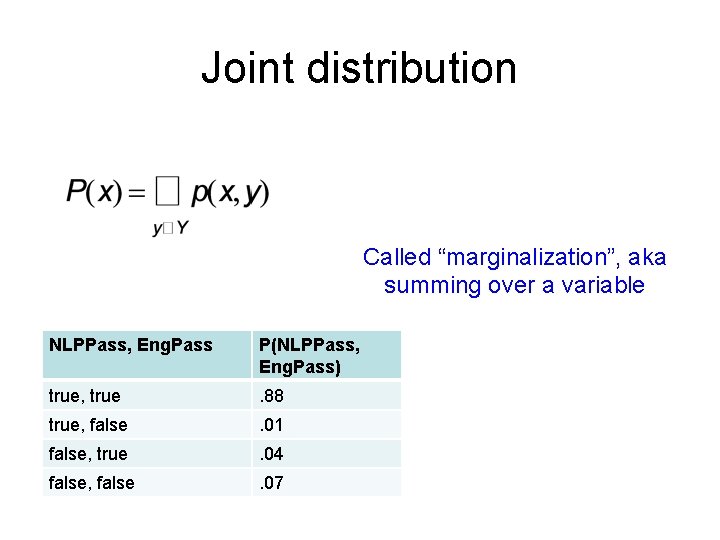 Joint distribution Called “marginalization”, aka summing over a variable NLPPass, Eng. Pass P(NLPPass, Eng.