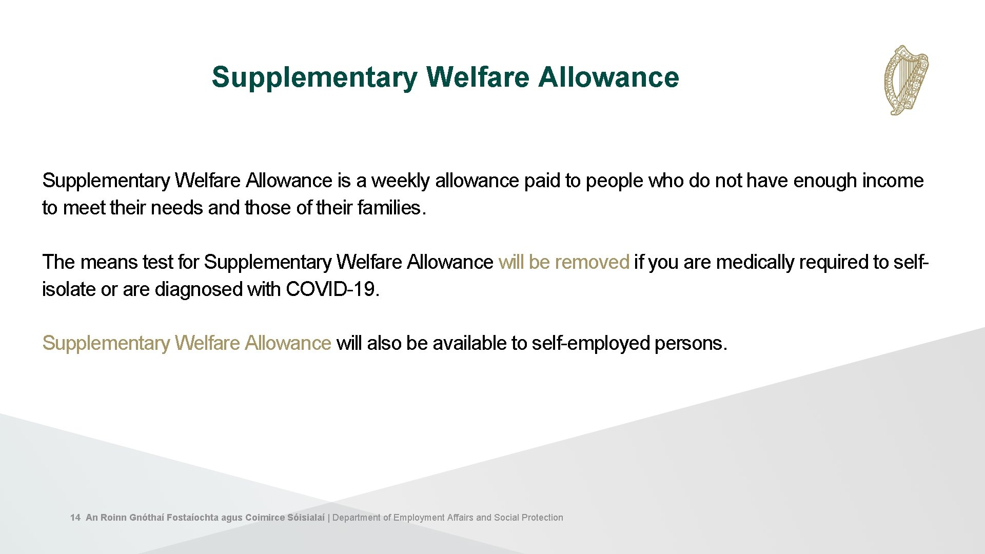 Supplementary Welfare Allowance is a weekly allowance paid to people who do not have