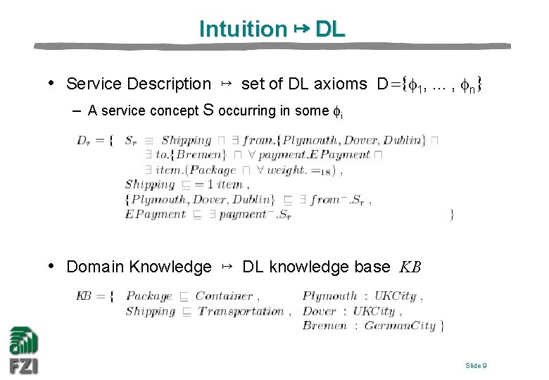 Intuition ↦ DL • Service Description ↦ set of DL axioms D={ 1, .