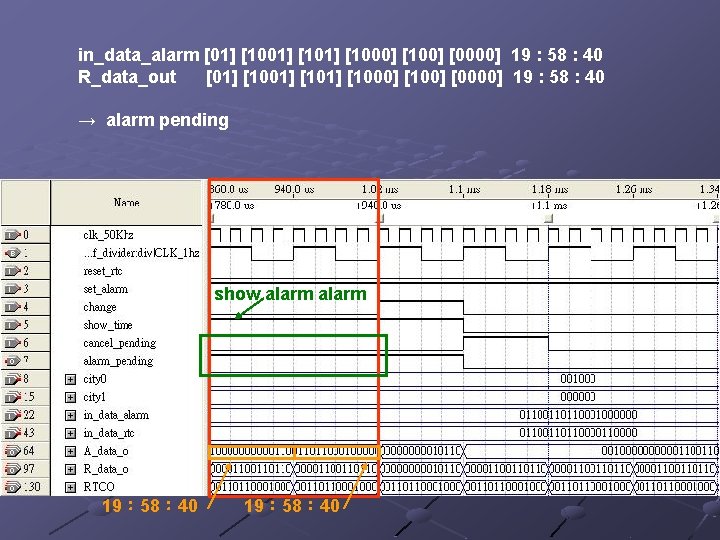 in_data_alarm [01] [101] [1000] [100] [0000] 19 : 58 : 40 R_data_out [01] [101]