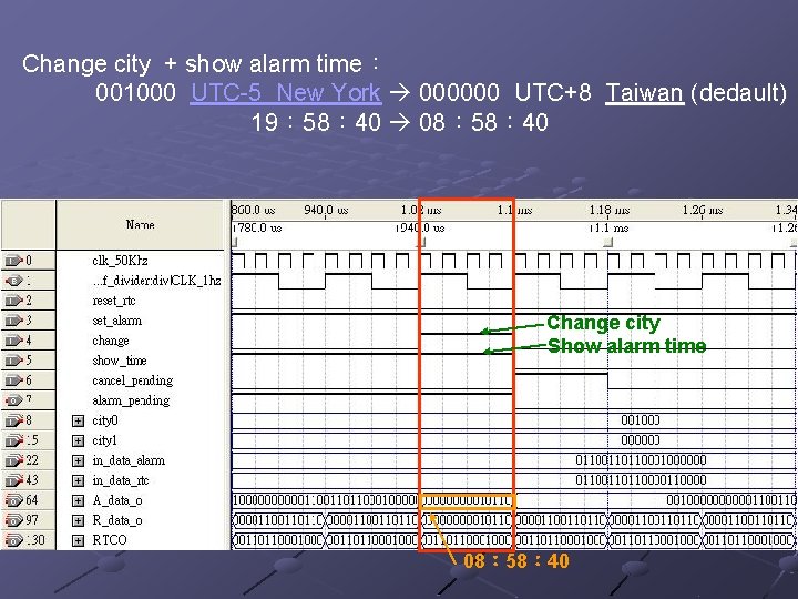 Change city + show alarm time： 001000 UTC-5 New York 000000 UTC+8 Taiwan (dedault)