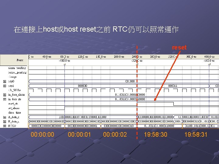 在連接上host或host reset之前 RTC仍可以照常運作 reset 00: 00 00: 01 00: 02 19: 58: 30 19: