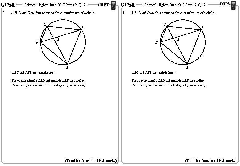 GCSE 1 Edexcel Higher: June 2017 Paper 2, Q 15 A, B, C and