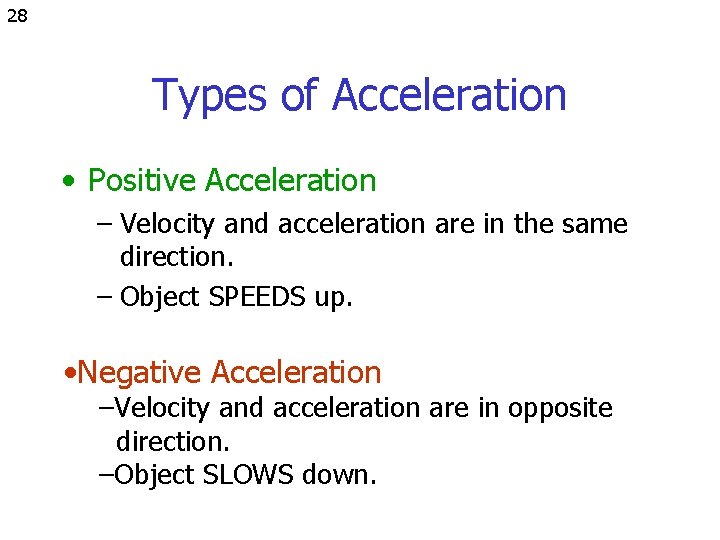 28 Types of Acceleration • Positive Acceleration – Velocity and acceleration are in the