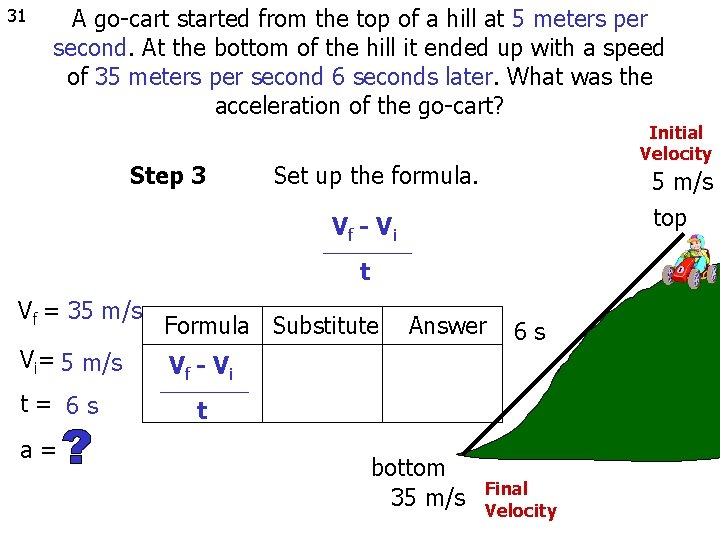 31 A go-cart started from the top of a hill at 5 meters per